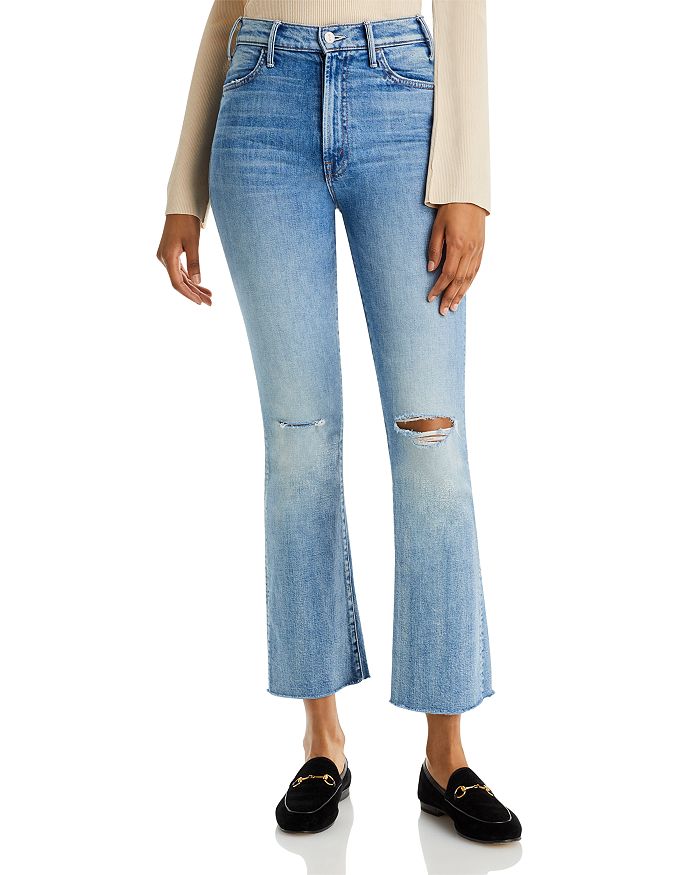 MOTHER The Hustler High Rise Frayed Flare Leg Ankle Jeans in Crashing ...