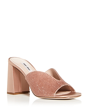 MIU MIU WOMEN'S EMBELLISHED HIGH BLOCK HEEL SLIDE SANDALS