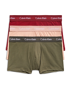 Calvin Klein Cotton Stretch Moisture Wicking Low Rise Trunks, Pack Of 3 In Olive/gentle/red Carpet