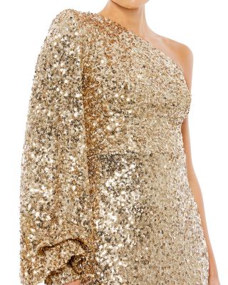 Sequined One Shoulder Bishop Sleeve Trumpet Gown