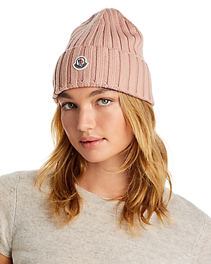 Moncler Light Pink Logo Ribbed Wool Beanie In Beige