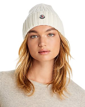 Moncler Ribbed-knit Logo-patch Virgin Wool Beanie In White