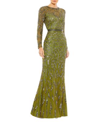  Beaded Long Sleeve Evening Gown