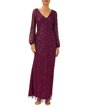 Adrianna Papell Beaded Mesh Mermaid Gown In Bordeaux