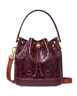 Tory Burch T Monogram Patent Embossed Bucket Bag In Albarossa/brass