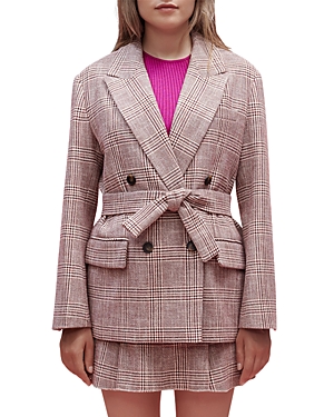 Maje Vinone Plaid Tie Waist Blazer In Burgundy