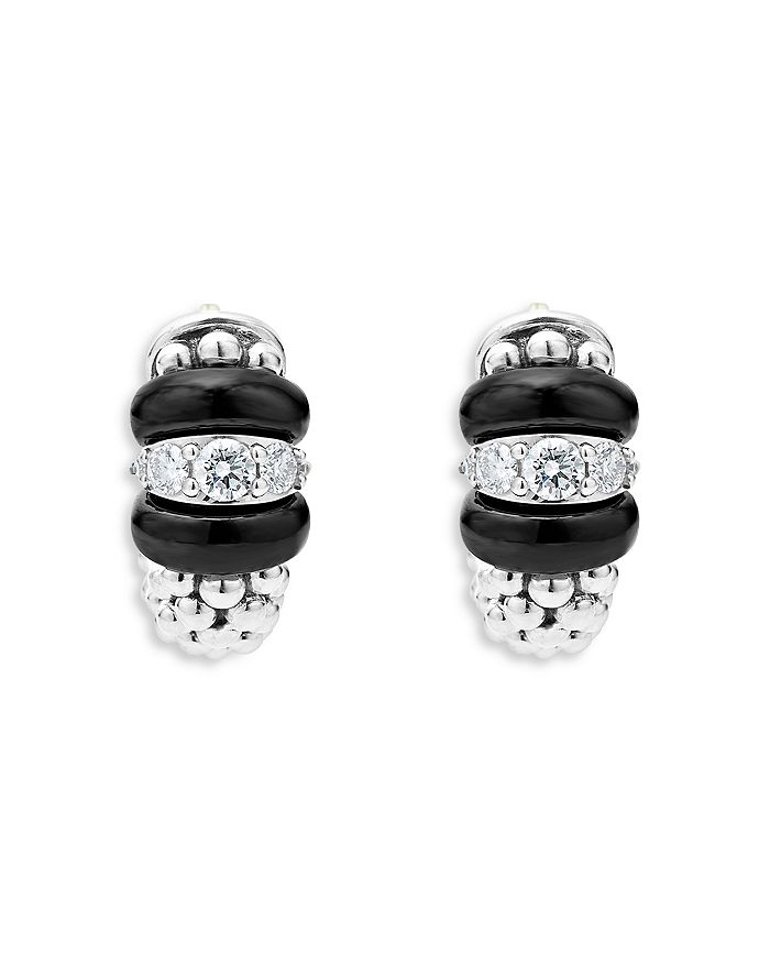 LAGOS - Sterling Silver Black Caviar Ceramic & Diamond Bead Huggie Hoop Earrings