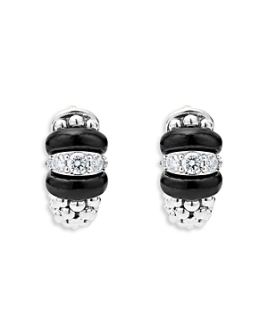 Lagos Sterling Silver Black Caviar Ceramic & Diamond Bead Huggie Hoop Earrings