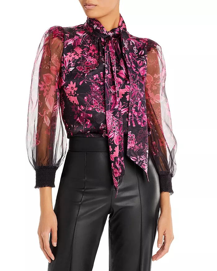 ​Alice and Olivia  Brentley Tie Neck Floral Print Blouse​