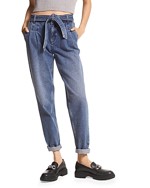 Michael Michael Kors Cotton High Rise Belted Jeans in Dusk Blue