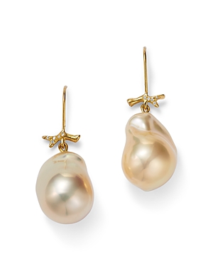 Annette Ferdinandsen Design 18K Yellow Gold Baroque Cultured Pearl & Diamond Twig Drop Earrings