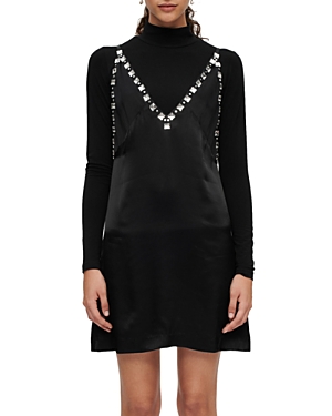 Maje Radeau Crystal-embellished Layered Satin And Stretch-jersey Mini Dress In Black