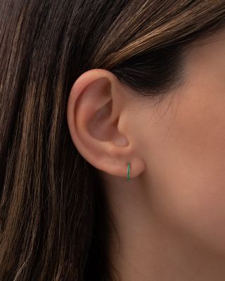 14K Yellow Gold Emerald Huggie Hoop Earrings 