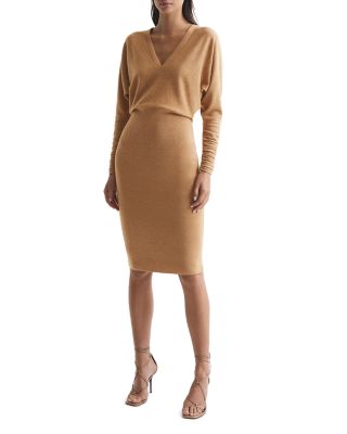 Reiss Jenna Ruched Sleeve Knit Bodycon Dress In Camel