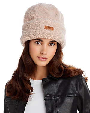 Ugg Curly Shearling Beanie W/ Logo In Pink