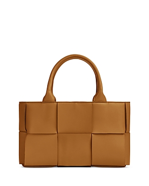 Bottega Veneta Mini Arco Woven Leather Crossbody In Camel/gold