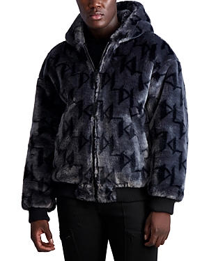 Shop Karl Lagerfeld Faux Fur Reversible Hooded Bomber Jacket In Black/gray