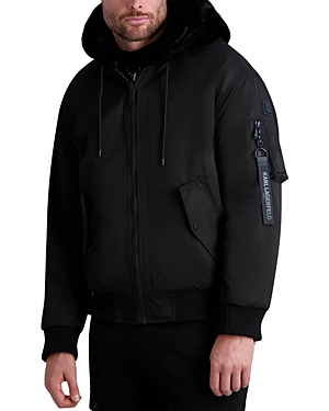 Karl Lagerfeld Faux Fur Reversible Hooded Bomber Jacket In Black/black