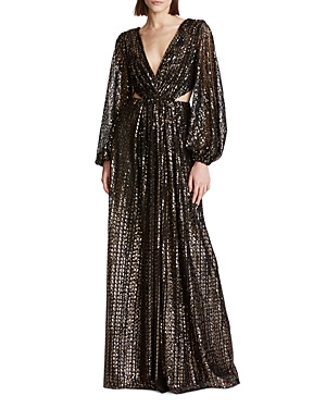 Shop Halston Madelyn Sequin Side Cutout Gown In Black Gold