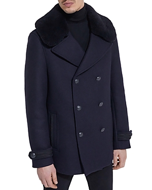 The Kooples Mix Wooly Weft Double Breasted Chevron Coat In Navy