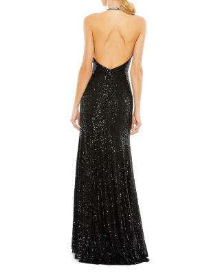 Sequined High Neck Rhinestone Trim Column Gown