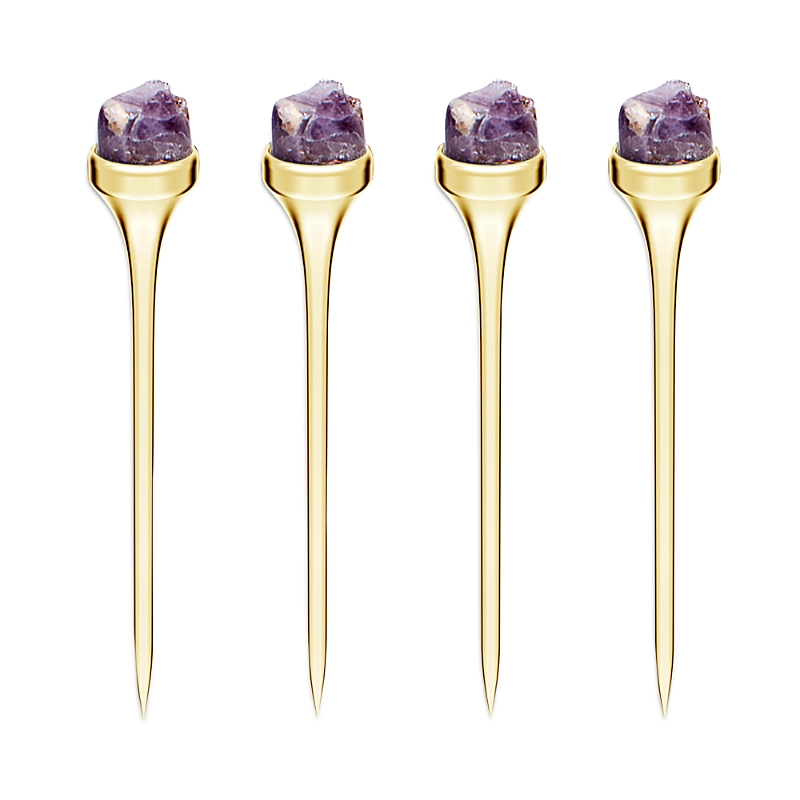 Anna New York Hospitality Cocktail Picks 4-piece Set In Gold/amethyst Druze