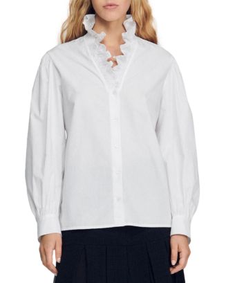 Sandro Lisandra Organic Cotton Ruffled Blouse | Bloomingdale's