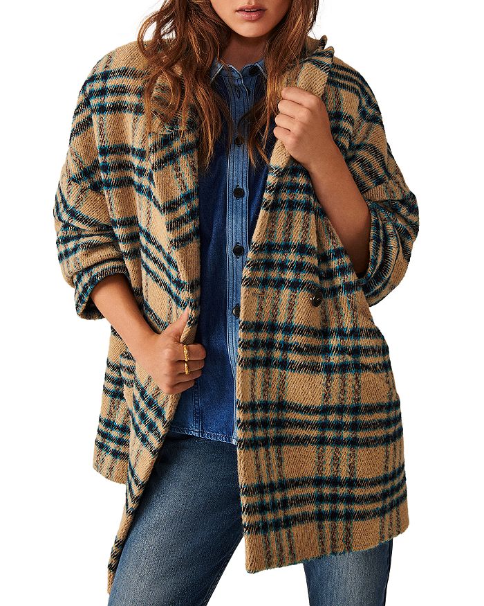 Plaid Blanket Scarf, Double notch wool mini skirt, Blush leather mules