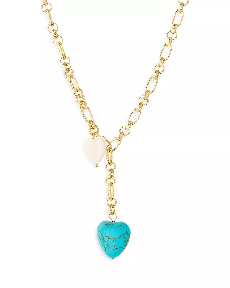 Ettika Turquoise & Mother of Pearl Heart 18K Gold Plated Lariat Necklace, 15