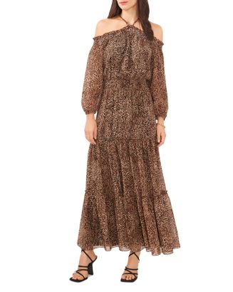 1 state tie neck long sleeve tiered maxi dress