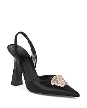 Shop Versace Women's Crystal La Medusa Satin Slingback Pumps In Black