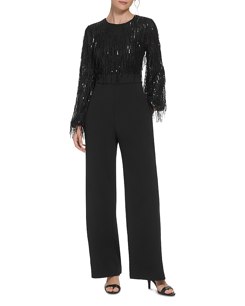 Eliza J Sequin Fringe Long Sleeve Jumpsuit