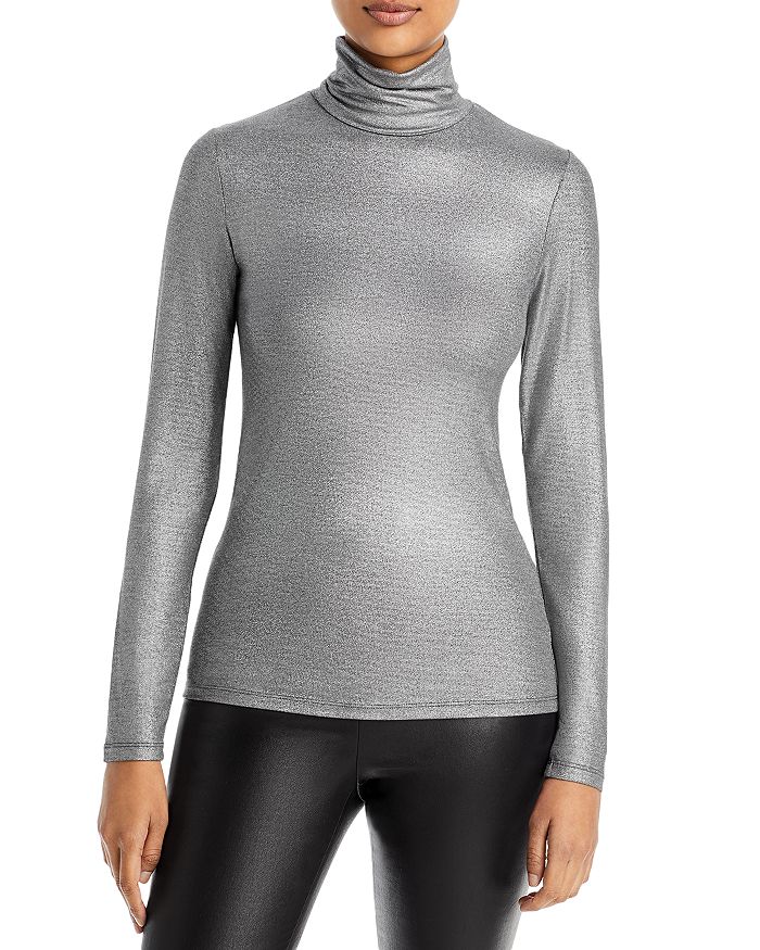 Majestic Soft Touch Metallic Turtleneck Top In Metal