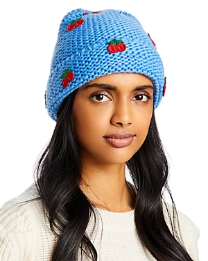 Aqua Waffle Stitch Cherry Applique Knit Hat - 100% Exclusive In Blue