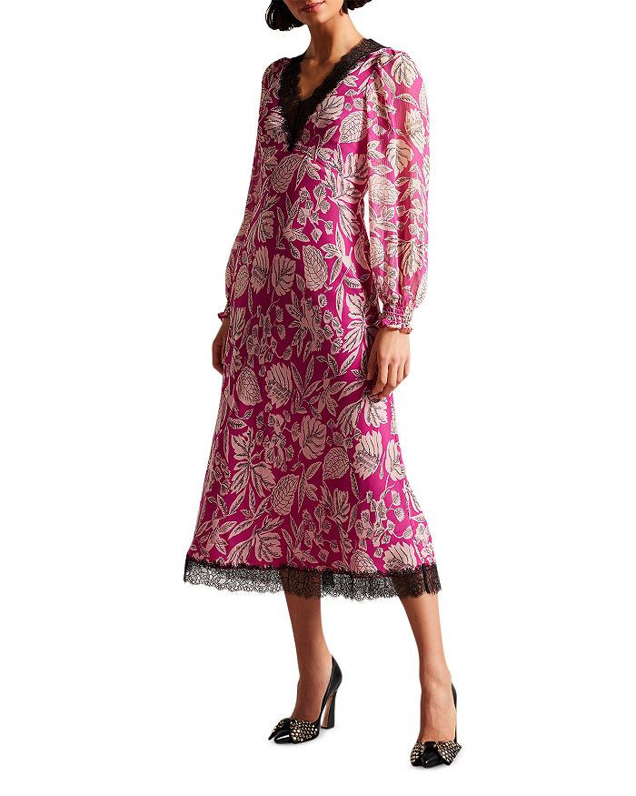 Ted Baker Izobele Long Sleeve Lace Trim Floral Print Midi Dress Bloomingdale's