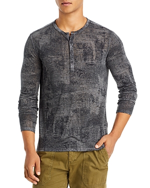 John Varvatos Ridge Chipped Wall Cotton Blend Burnout Printed Henley In Med Grey
