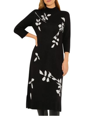 Misook - Contrast Floral Mock Neck Recycled Knit Dress