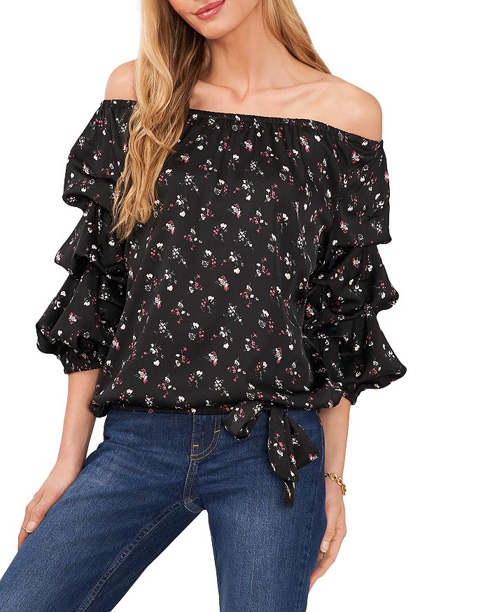 Vince Camuto Womens Floral Print Shirred Sleeveless Top Black Size S