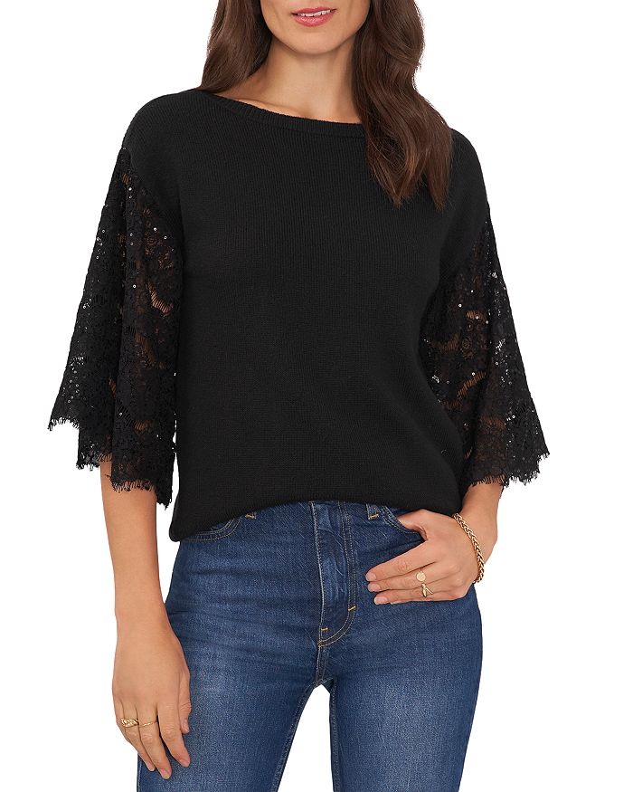VINCE CAMUTO Sequined Lace Boat Neck Top | Bloomingdale's