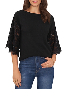 Vince Camuto Sequin Lace Sleeve Mixed Media Sweater In Rich Black