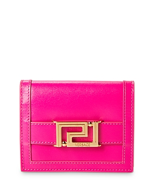 Versace Greca Goddess Leather Wallet In Glossy Pink/ Gold