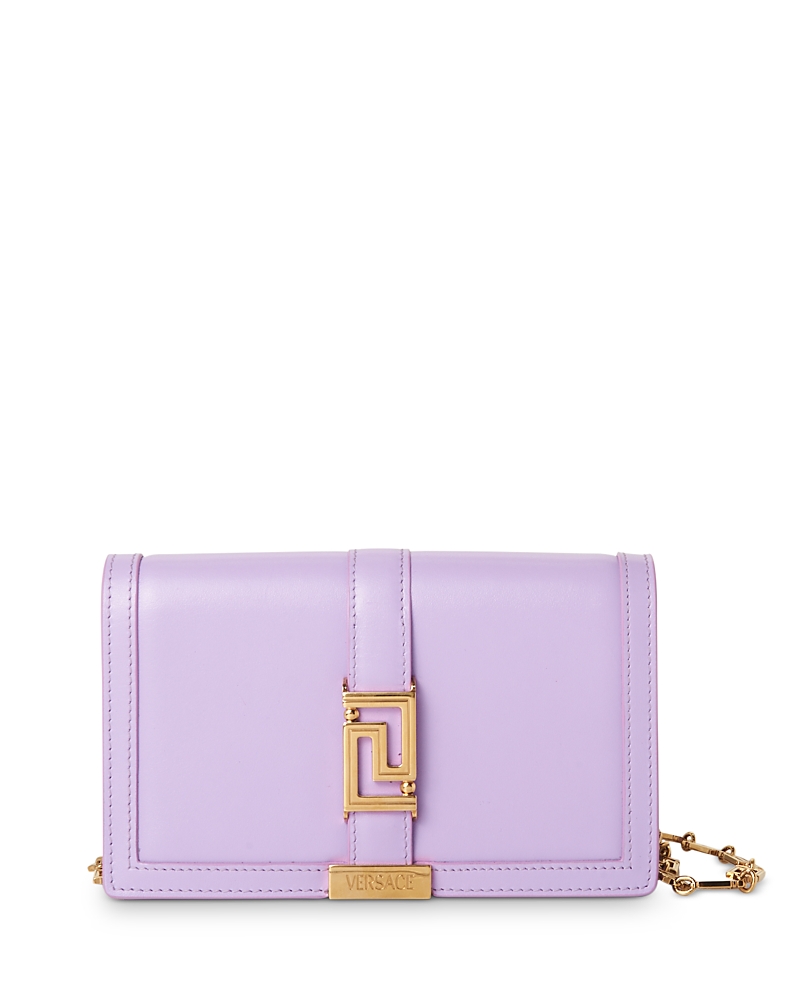 Versace Greca Goddess Leather Wallet On Chain In Purple