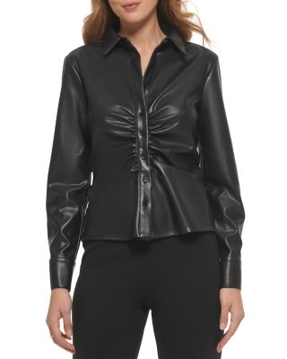 DKNY - Faux Leather Ruched Front Shirt