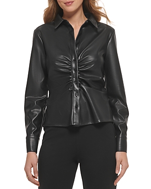 DKNY FAUX LEATHER RUCHED FRONT SHIRT