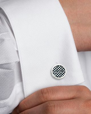 Sterling Silver, Mother Of Pearl & Onyx Checkerboard Stud & Cufflink Set