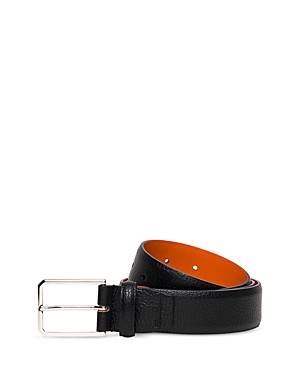 Santoni Men's Rectangle Buckle Grained Leather Belt In Black