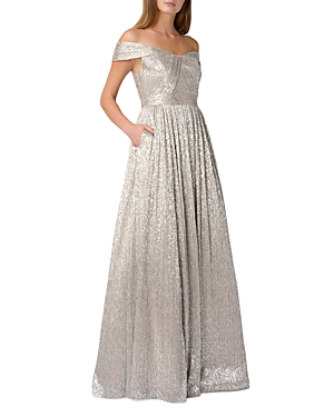 Shop Aidan Mattox Metallic Off The Shoulder Gown In Silver/gold