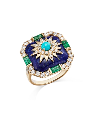 Bloomingdale's Turquoise, Lapis, Emerald, and Diamond Star Statement Ring in 14K Yellow Gold - 100% 