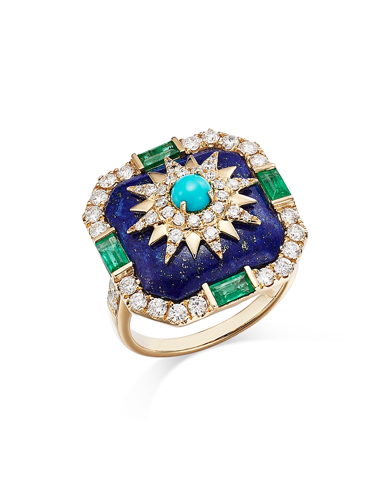 Bloomingdale's Turquoise, Lapis, Emerald, And Diamond Star Statement Ring In 14k Yellow Gold - Exclusive In Blue/yellow
