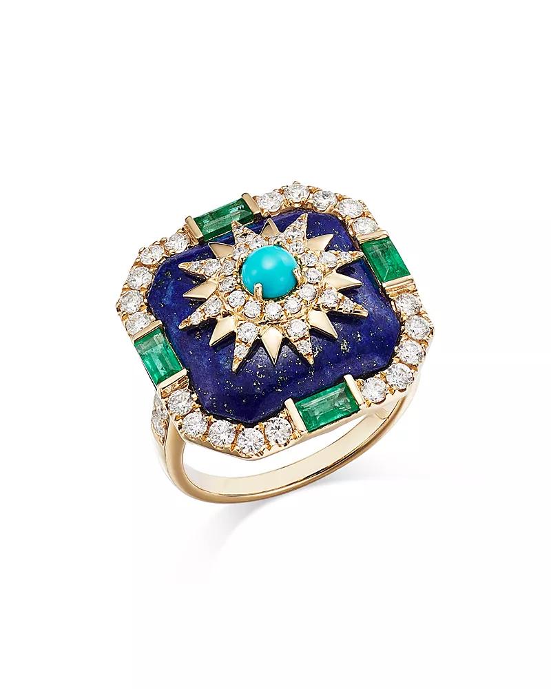 Bloomingdale's Fine Collection Turquoise, Lapis, Emerald, and Diamond Star Statement Ring in 14K Yellow Gold